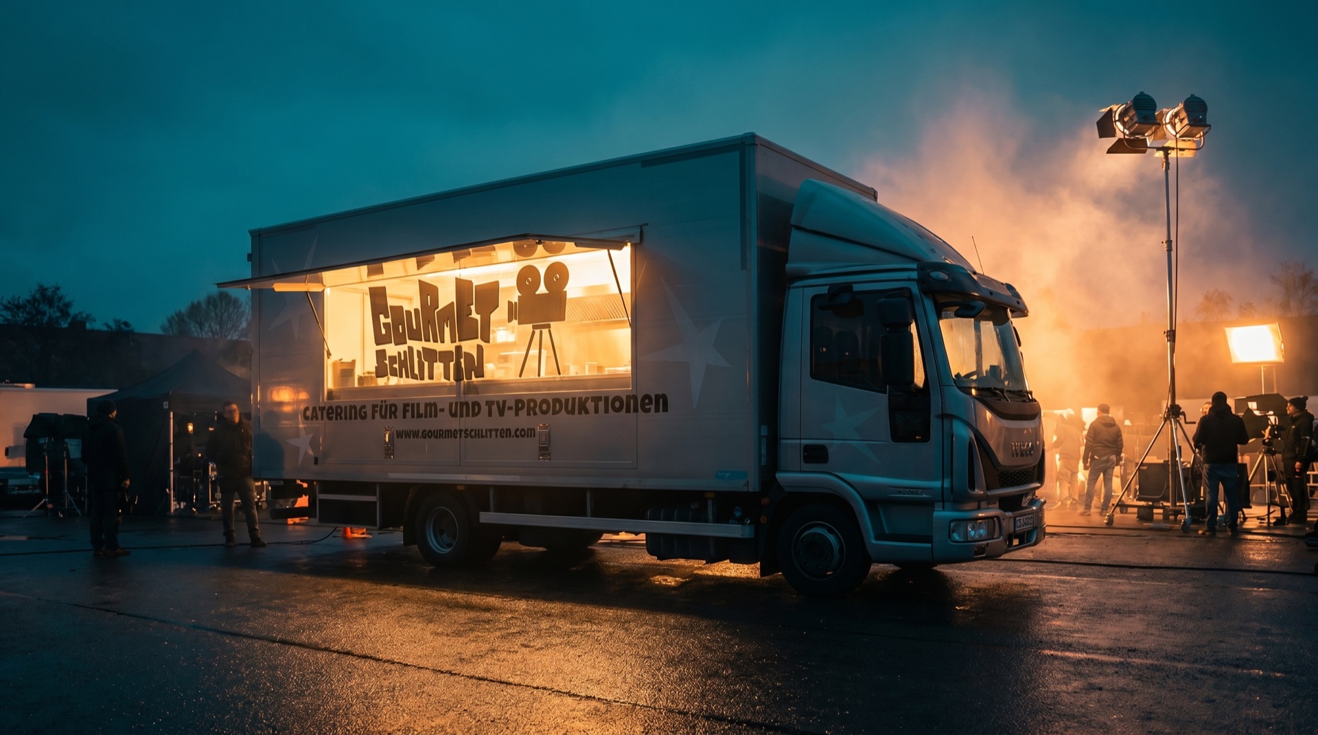 Der Gourmetschlitten Küchen-LKW im Einsatz am Filmset bei Nacht